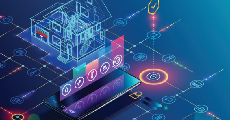 Digitale Illustration eines Smartphones zur Steuerung von Smart-Home-Geräten und Automatisierung mit futuristischen Grafiken.