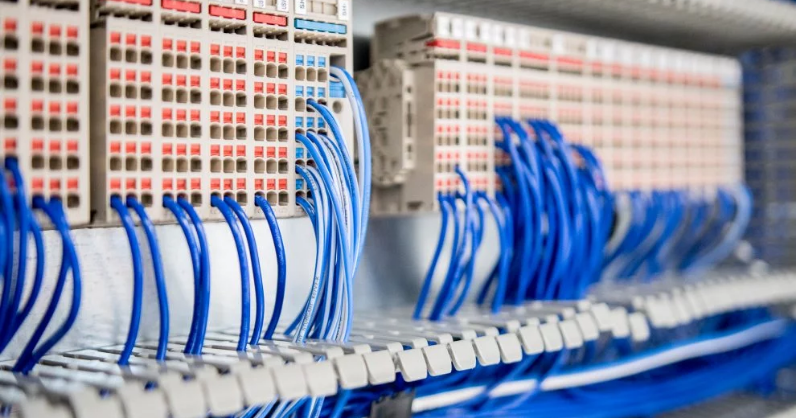 Nahaufnahme von blauen Netzwerkkabeln, die an eine Reihe von Anschlüssen in einem Server- oder Rechenzentrumspanel angeschlossen sind.